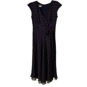 Donna Morgan Silk Dress, Sz. 4, 100% Silk, Lined, Navy w/ Orange Polka Dots